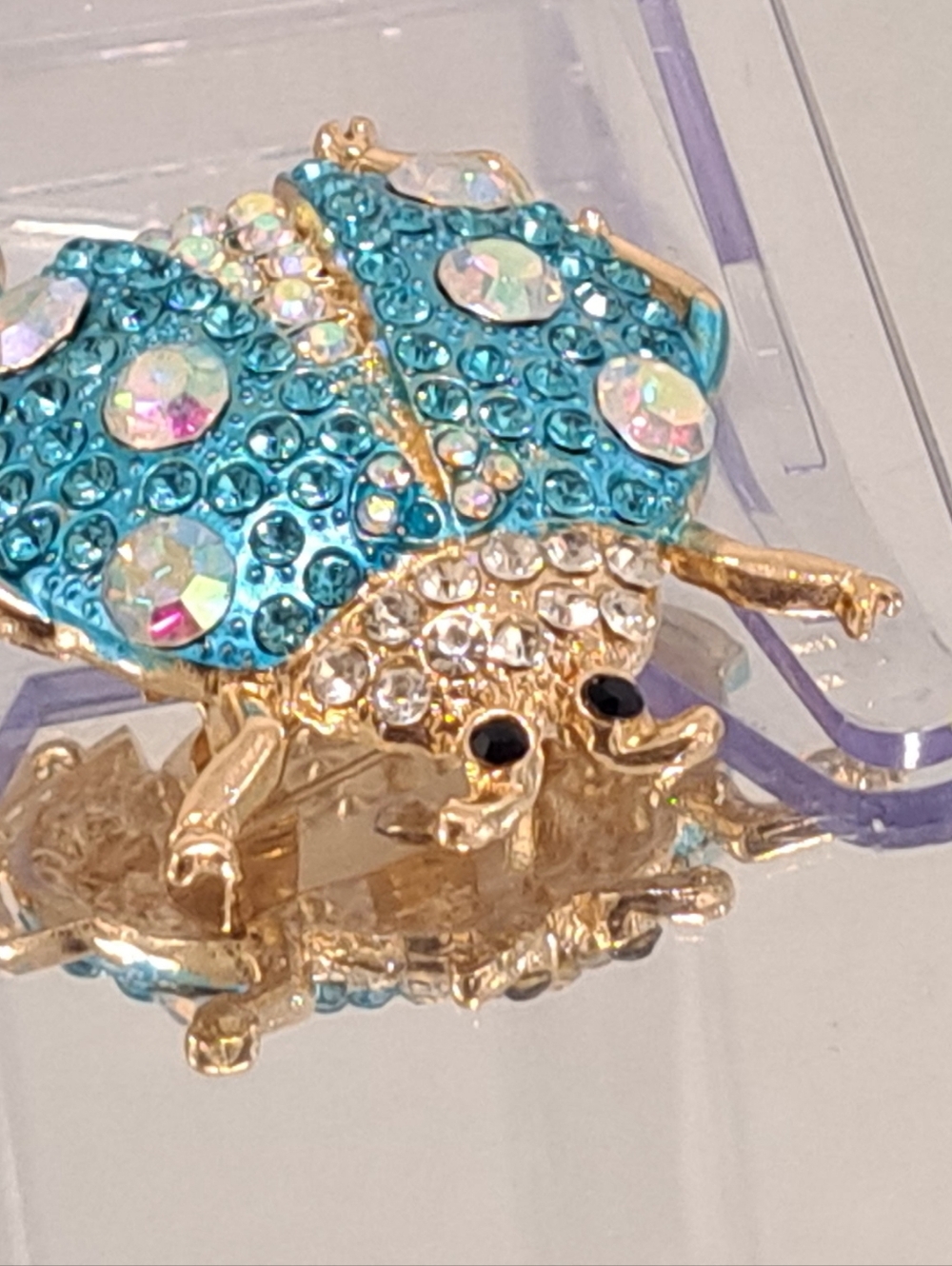 Crystal Blue Beetle Brooch with Gold Tone Accents
